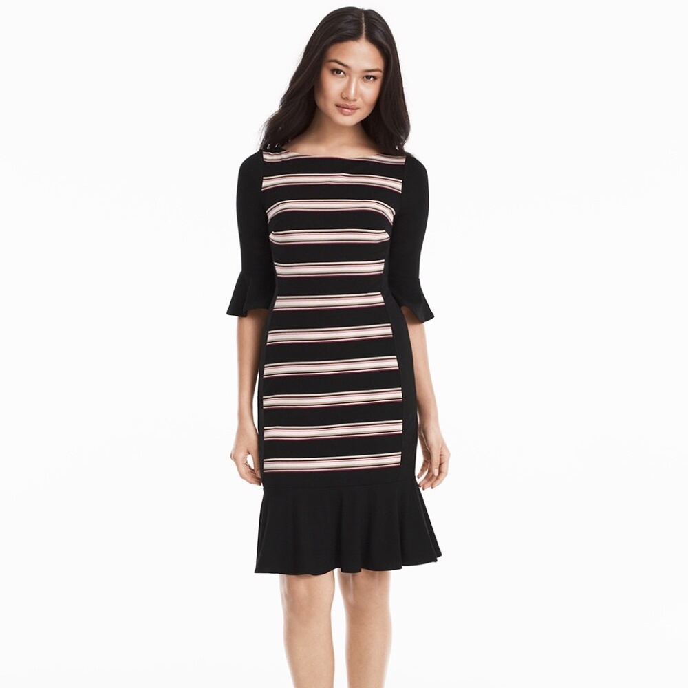 WHBM BELL-SLEEVE FLIPPY HEM STRIPED SHEATH DRESS